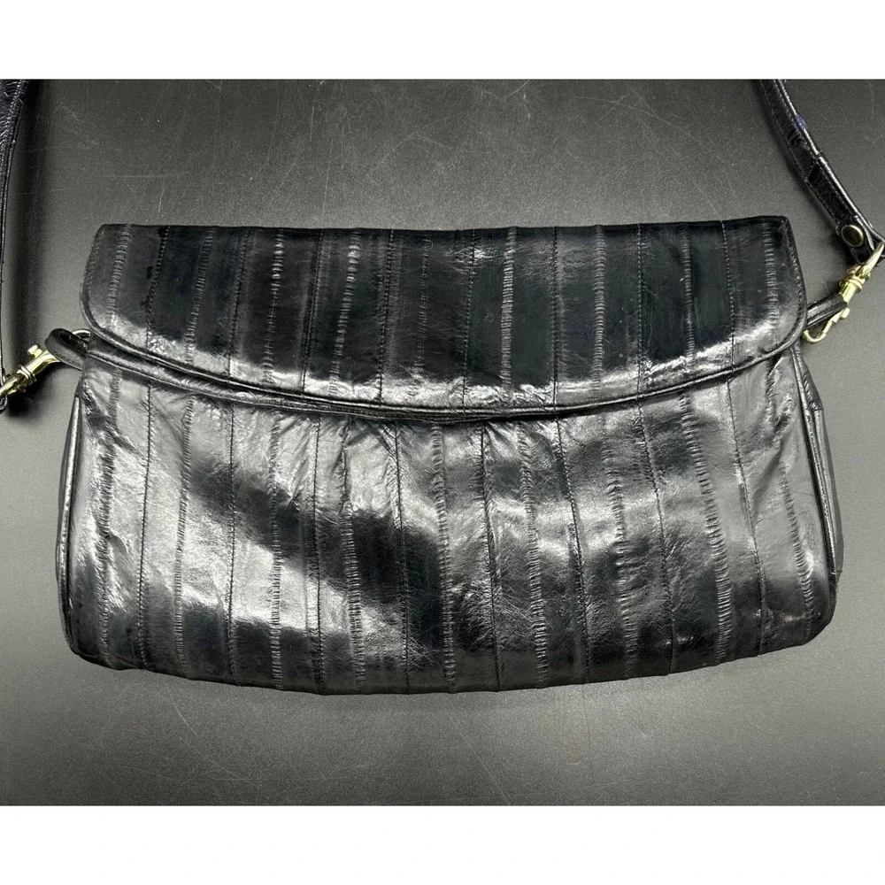 Vintage‎ Genuine Eel Skin Black Purse Shoulder Bag Made In Korea